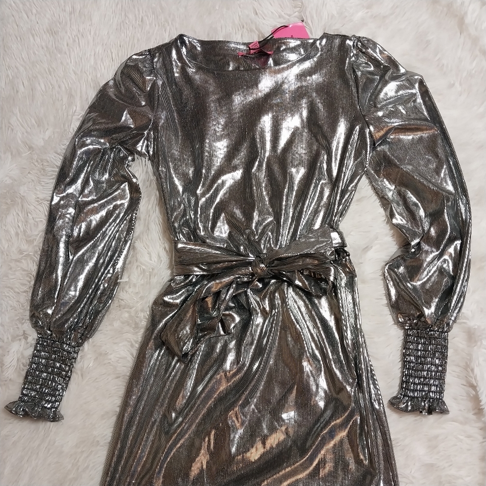 Betsey Johnson Silver Metallic long sleeve Mini Dress XS